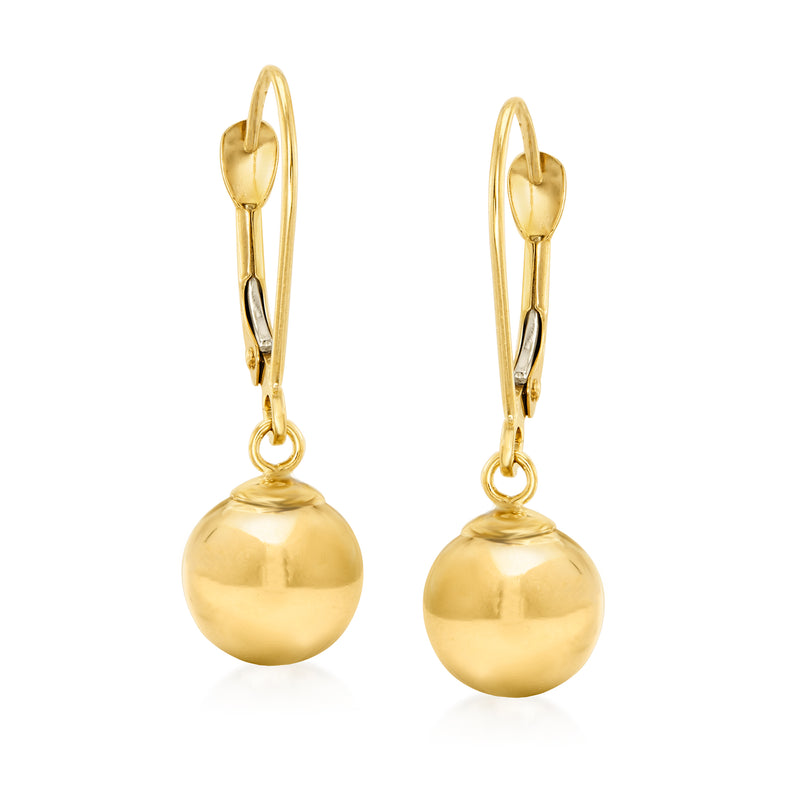 14kt yellow gold bead drop leverback earrings with round polished spheres