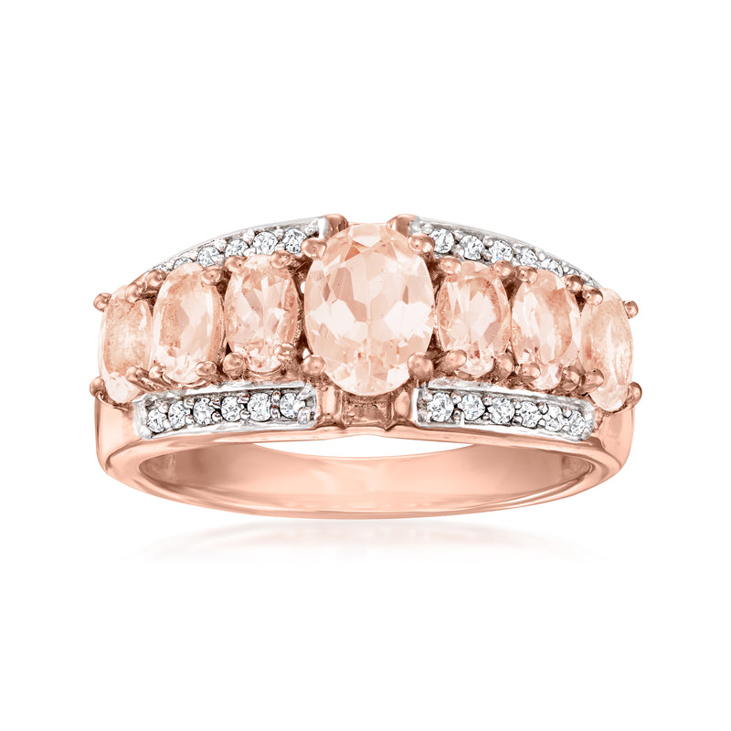 Peach morganite and diamond accent ring in rose gold, three-stone oval design