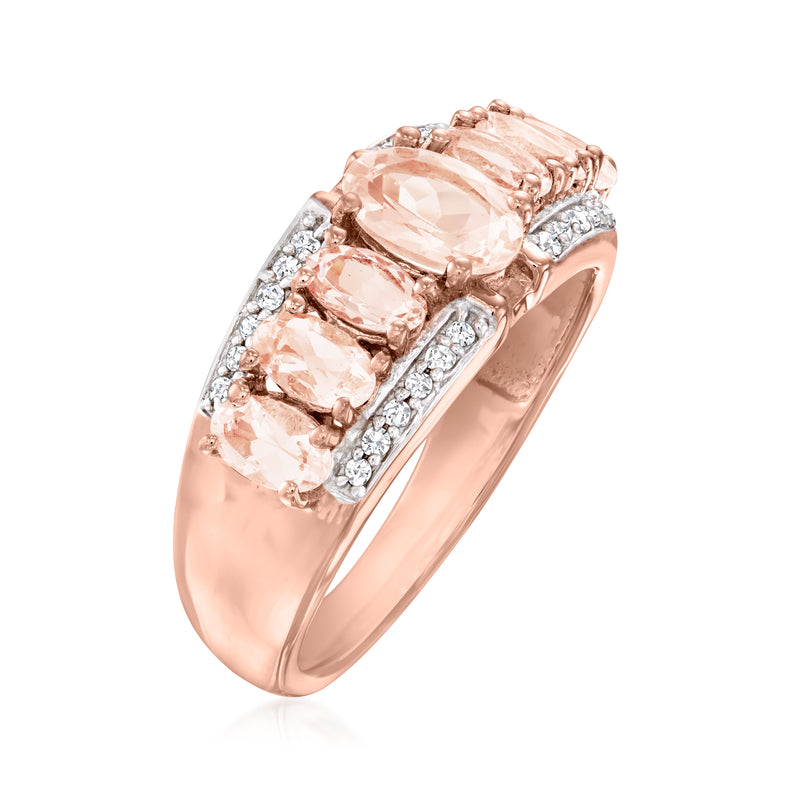 Morganite and diamond ring in rose gold with oval and baguette stones
