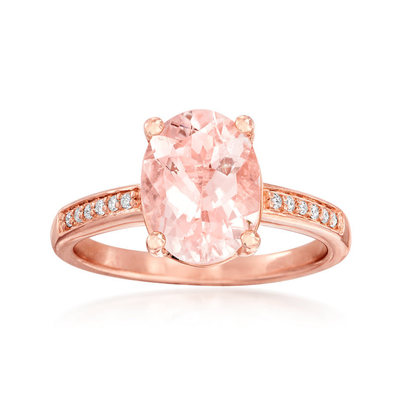 Rose gold ring with oval morganite center and small diamond accents on band