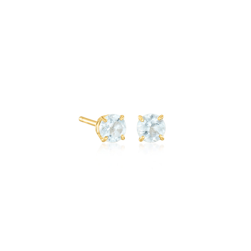 Aquamarine 14kt yellow gold stud earrings with round stone and visible back post