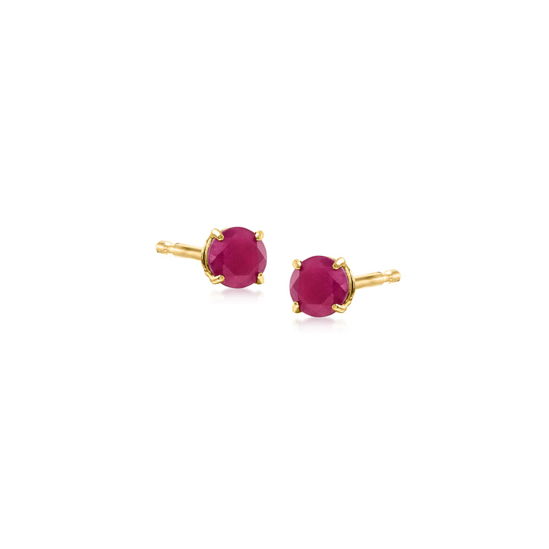 14kt yellow gold ruby stud earrings with round deep pink-red stones, prong-set