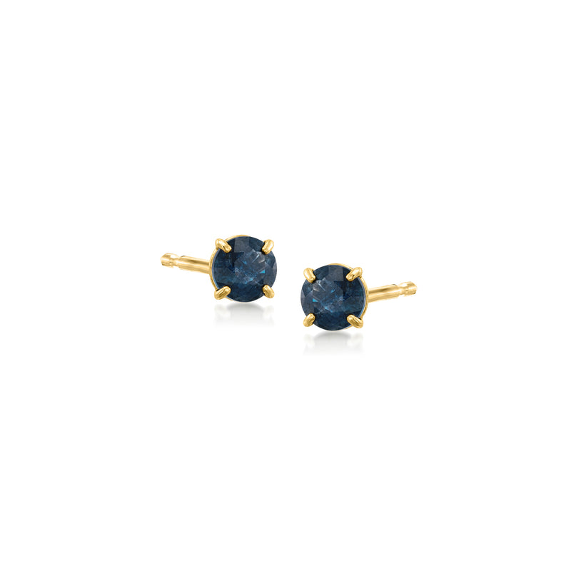 14kt yellow gold round sapphire stud earrings with dark blue stones