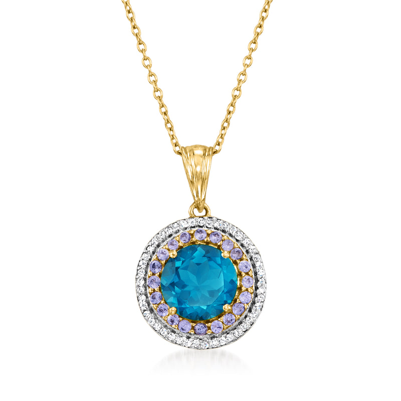 14kt gold over sterling silver pendant necklace with round blue gemstone and halo