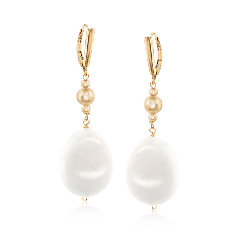 Oval white jade drop earrings with pearl-like beads and leverback in gold over sterling