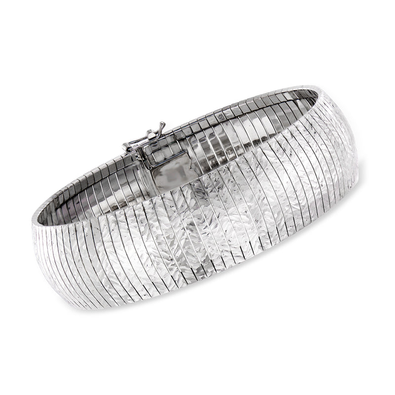 Wide sterling silver diamond-cut omega bracelet with ridged links and clasp