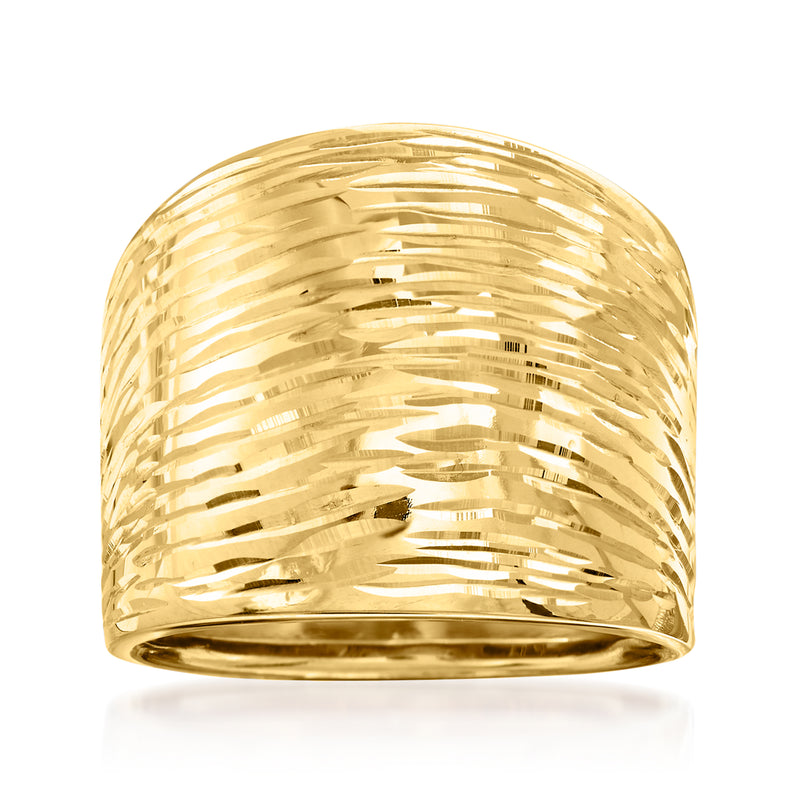 Yellow gold dome ring with diamond-cut textured surface and open top profile