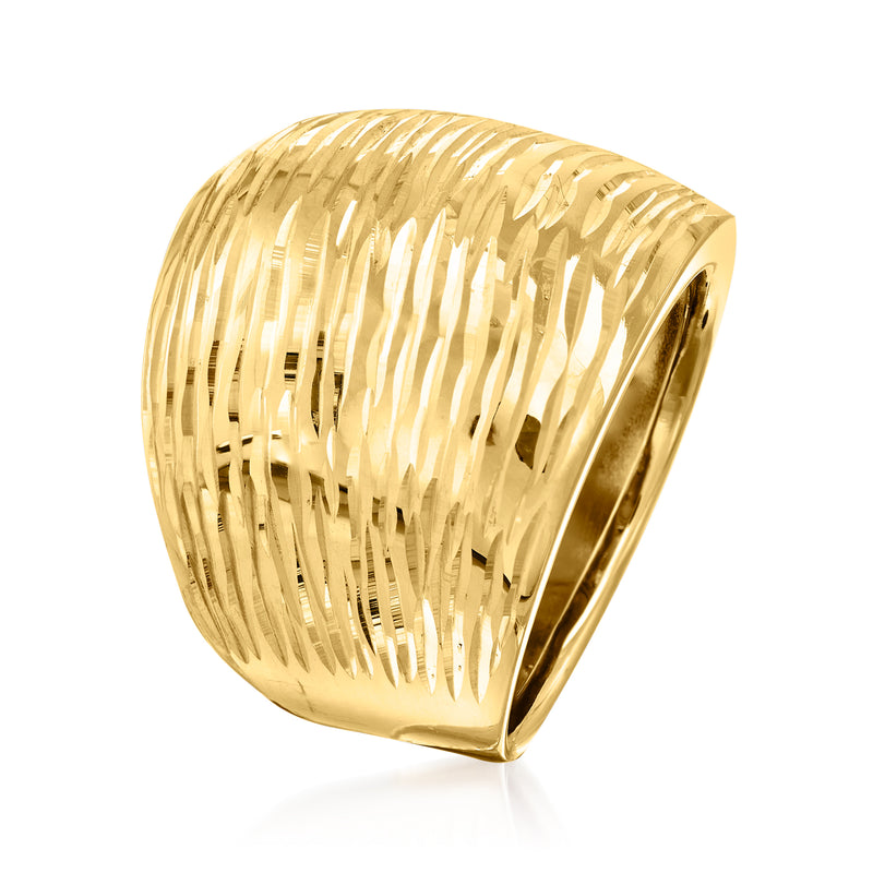 Yellow gold diamond-cut dome ring, side view with smooth tapered band