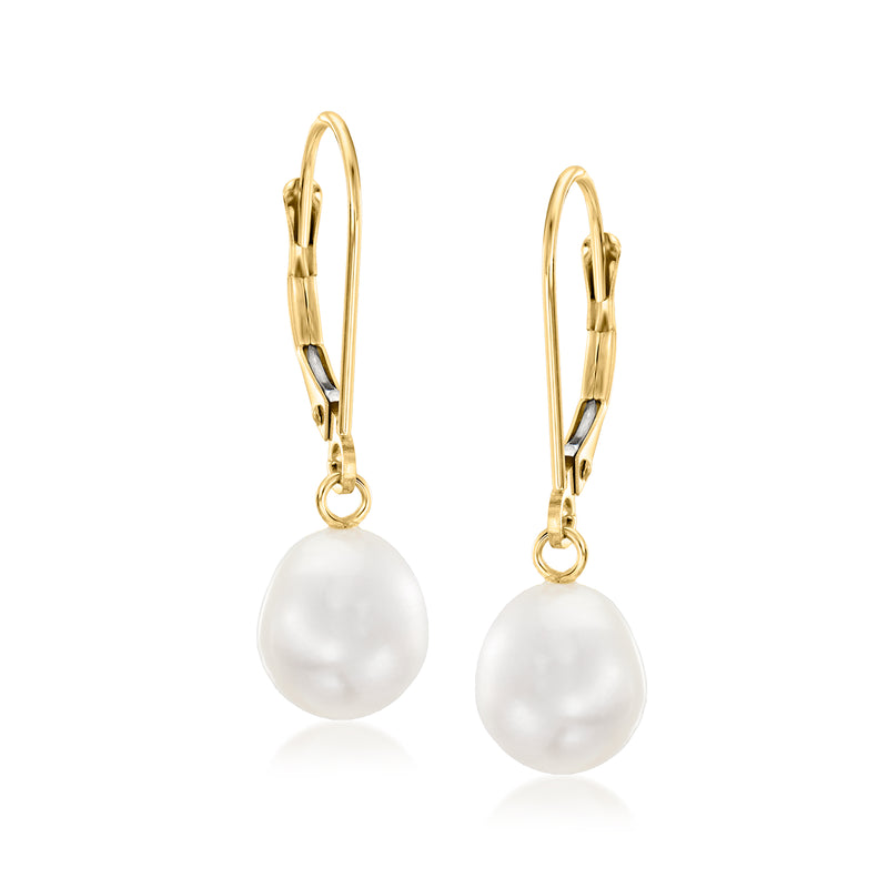 14kt yellow gold pearl drop earrings with leverback closures, cultured pearls