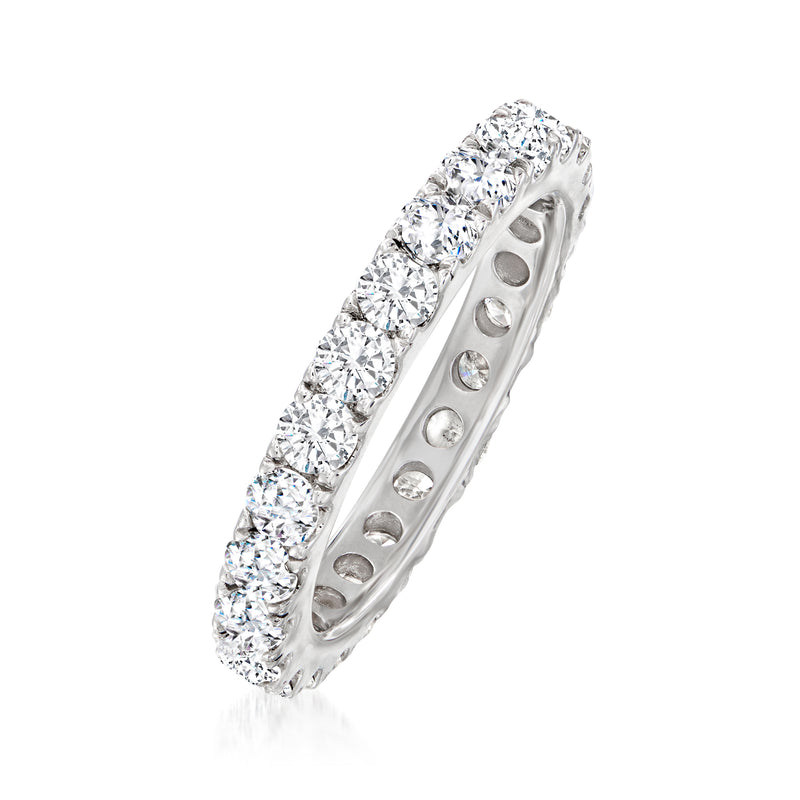 14kt white gold diamond eternity band, angled view showing side settings