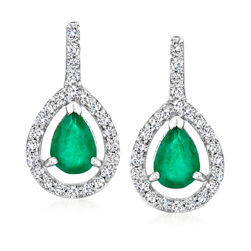 White gold drop earrings with pear-cut green emerald and diamond halo, teardrop dangle