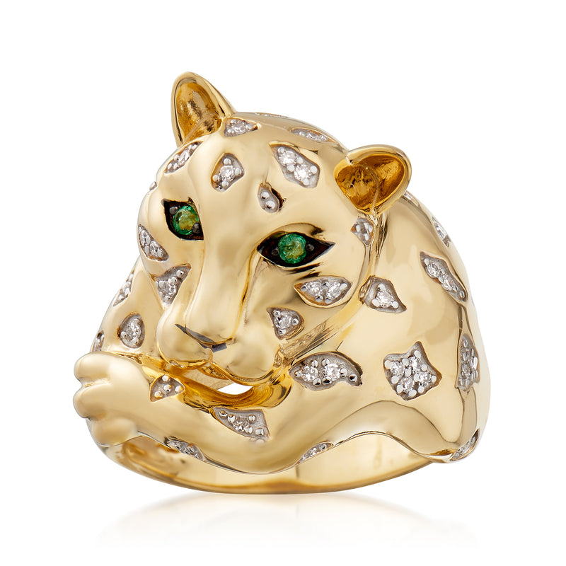 Gold cheetah ring with green eye stones and clear diamond-like accents