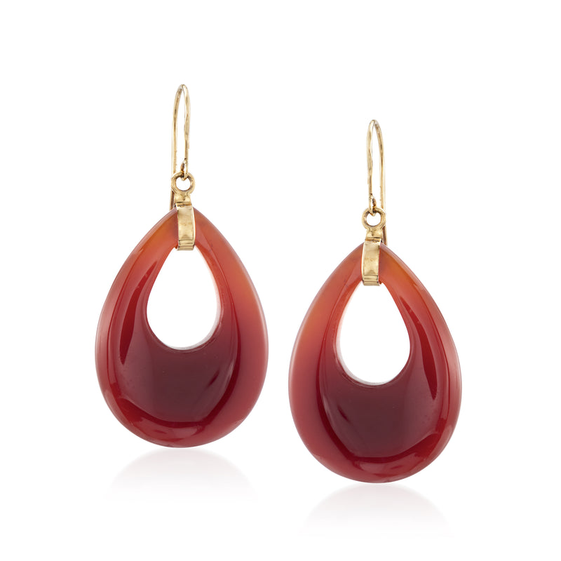 Red agate pear-shaped drop earrings in 14kt yellow gold with earwire hooks