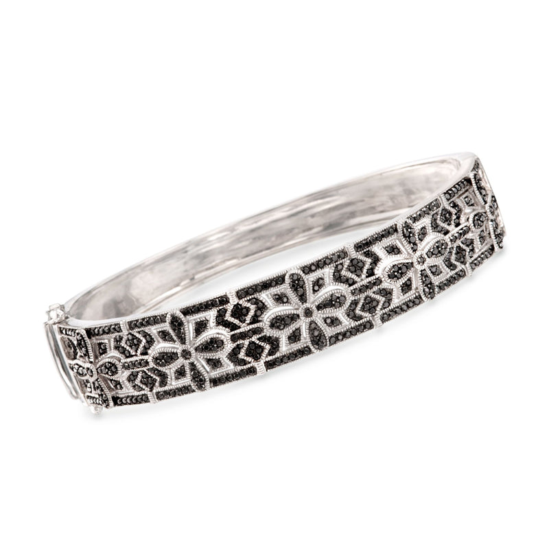 Sterling silver gothic bangle bracelet with black gemstone in ornate lattice design