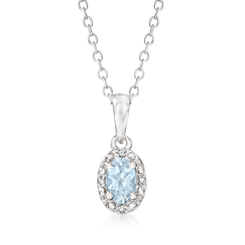 Sterling silver aquamarine pendant with diamond halo on oval setting