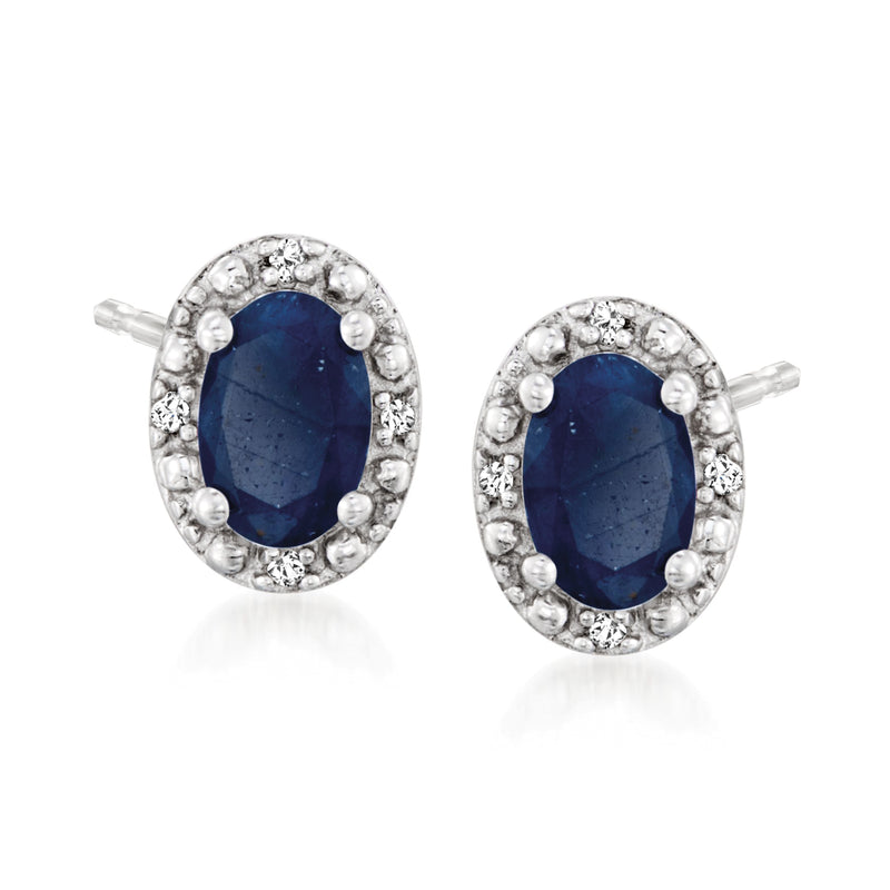Oval sapphire stud earrings with diamond halo, sterling silver posts