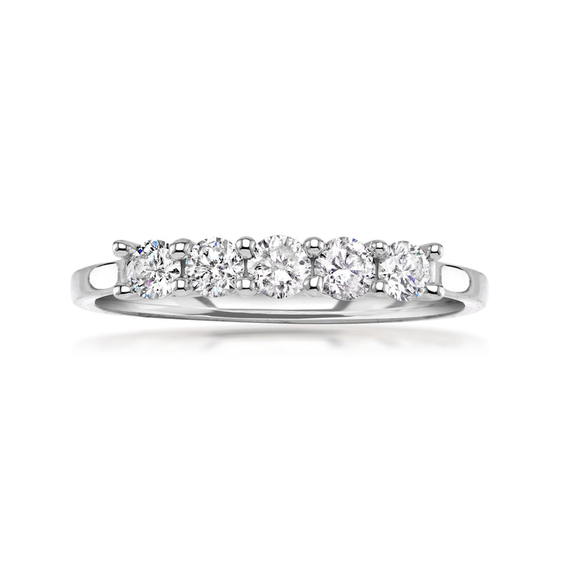 14kt white gold five-stone diamond band ring with five round brilliant stones