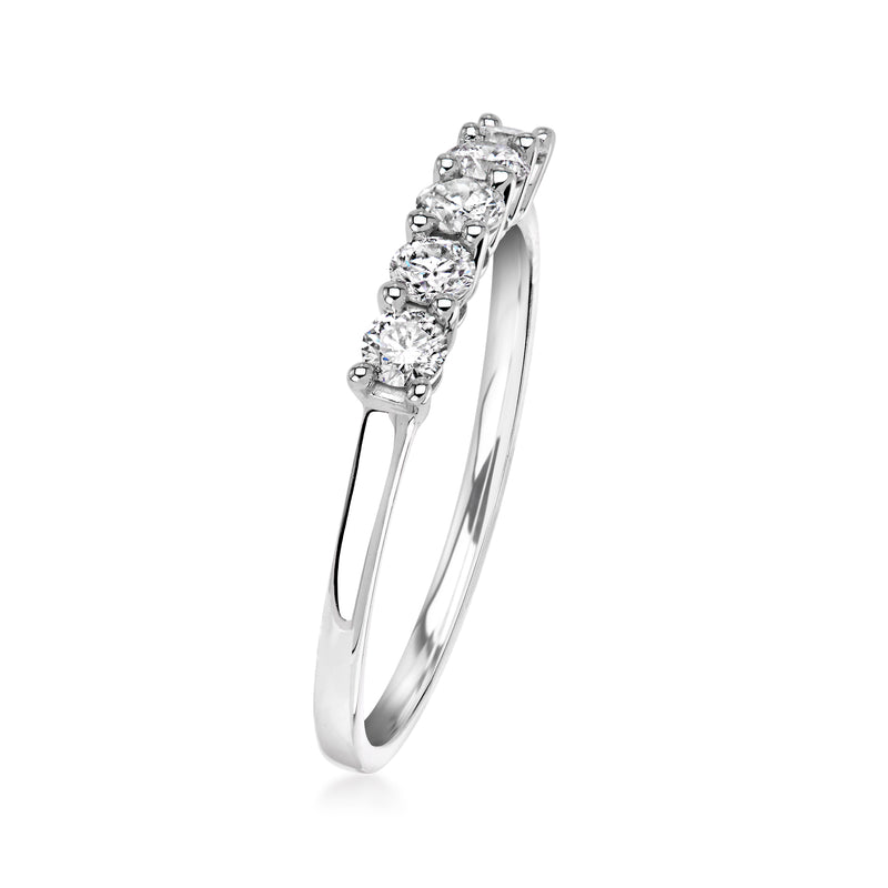 14kt white gold five-stone diamond ring, side view with prong-set round stones