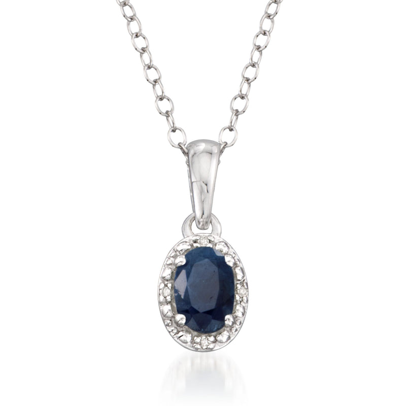 Sterling silver oval sapphire pendant necklace with diamond halo accents