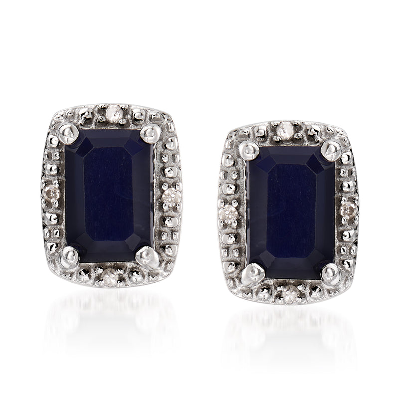Sterling silver sapphire stud earrings with dark blue center stone and diamond-like halo