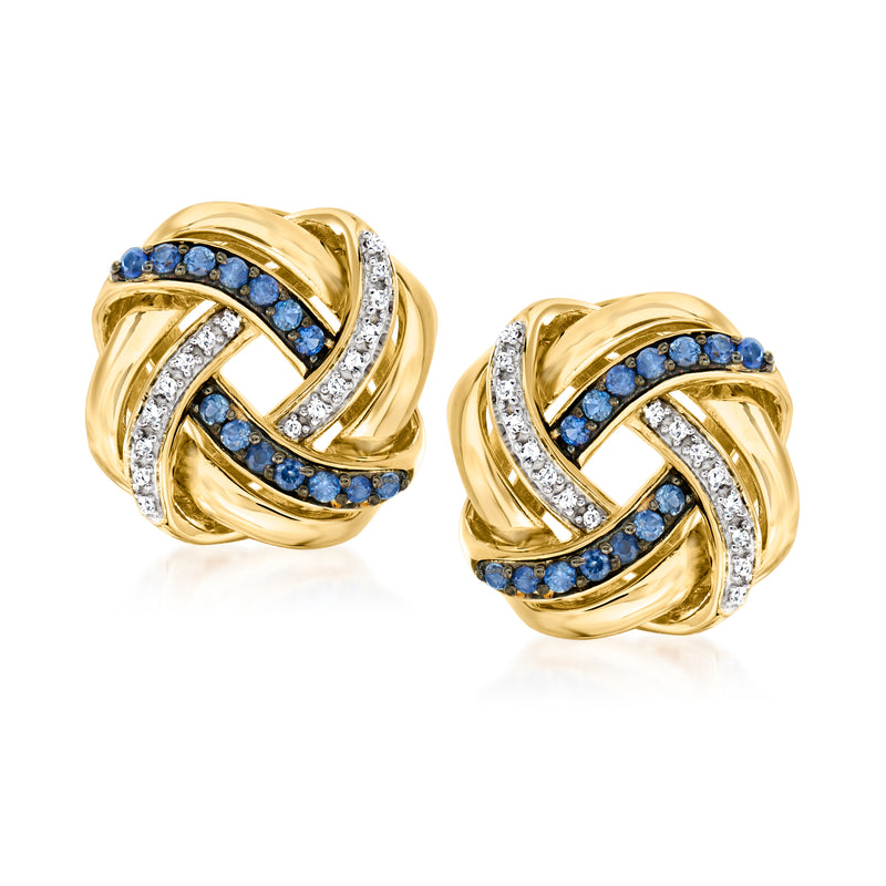 18kt gold knot stud earrings with blue sapphire rows and diamond accents