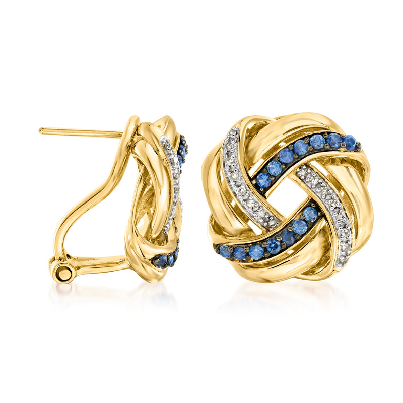Love knot earrings in gold over sterling with sapphire and diamond accents, post backs