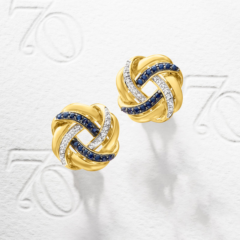 Gold knot stud earrings with blue sapphire and diamond oval detailing