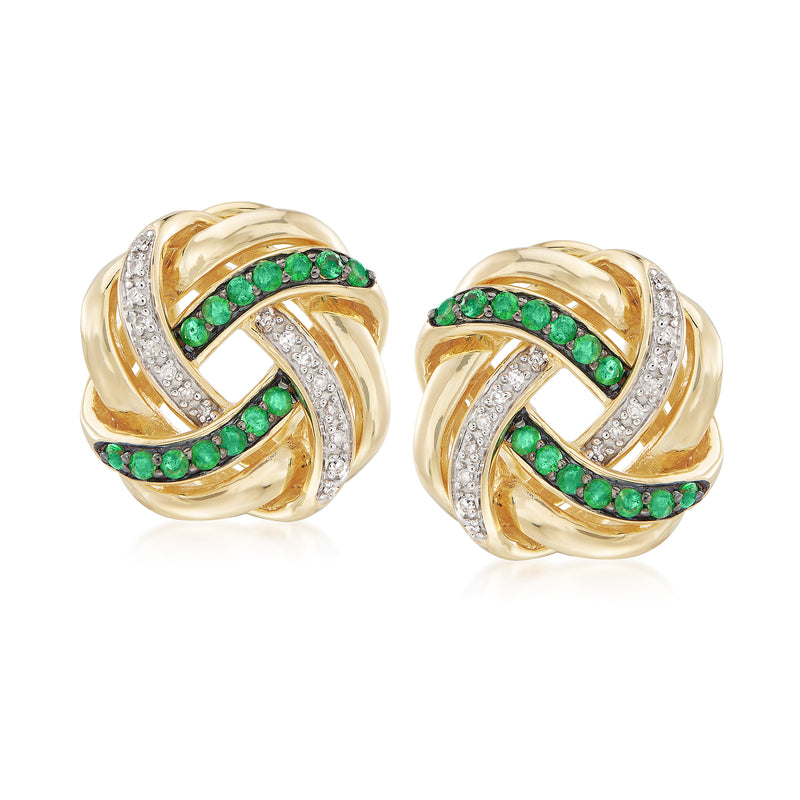 18k gold love knot stud earrings with green emerald stones and white diamond accents