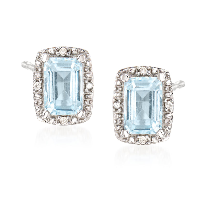 Aquamarine stud earrings with diamond halo, sterling silver post backs