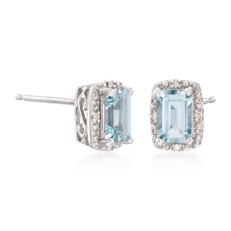 Sterling silver aquamarine stud earrings with diamond halo and post backs