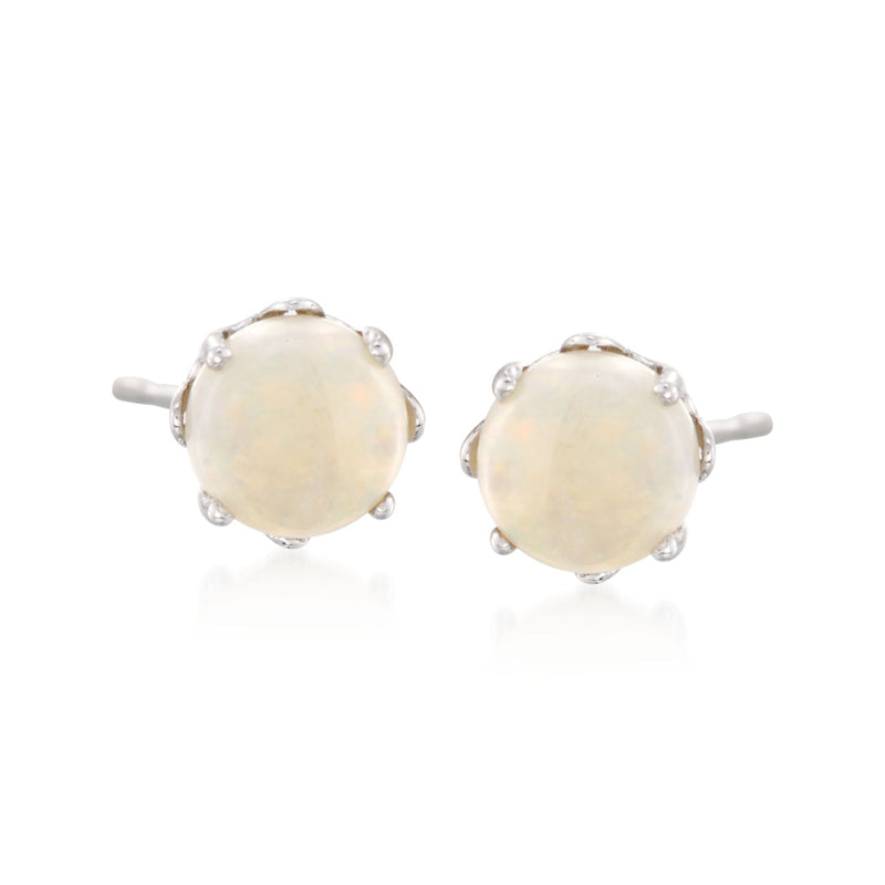 Sterling silver round opal stud earrings with scalloped teacup settings