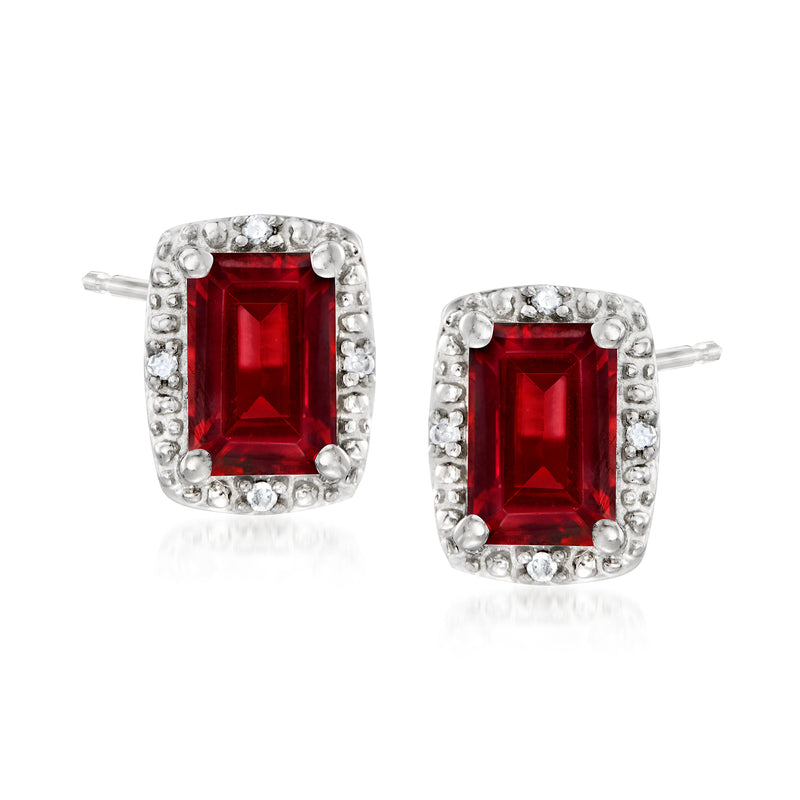 Sterling silver garnet stud earrings with red square stones and diamond accents