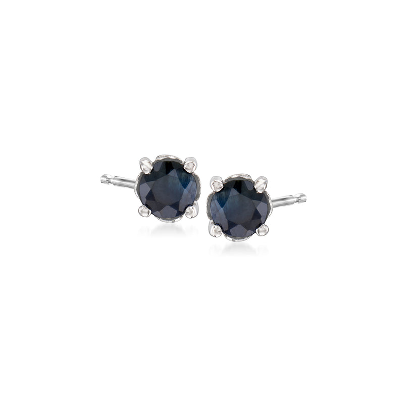 Sterling silver round sapphire stud earrings with four-prong bezel, dark blue
