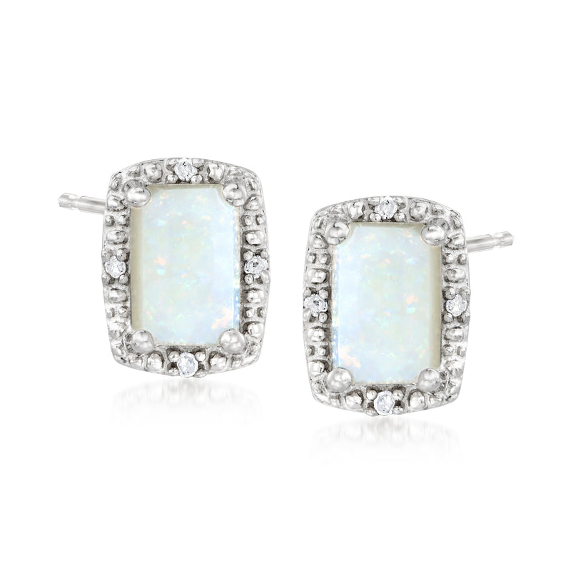 Sterling silver opal stud earrings with diamond-accent halo and post backs