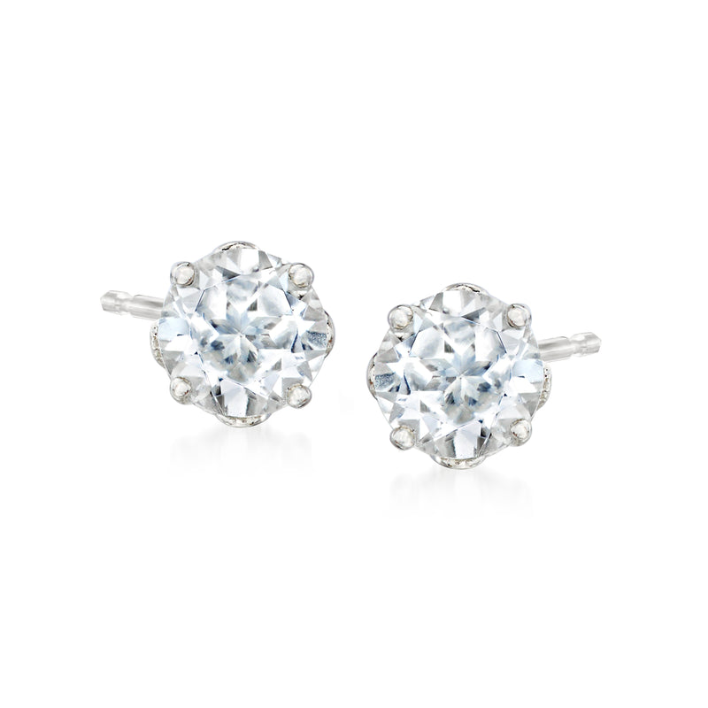 Sterling silver round white topaz stud earrings with teacup bezel settings