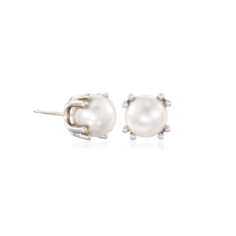 Cultured pearl stud earrings, sterling silver prong settings with round white 7mm pearls