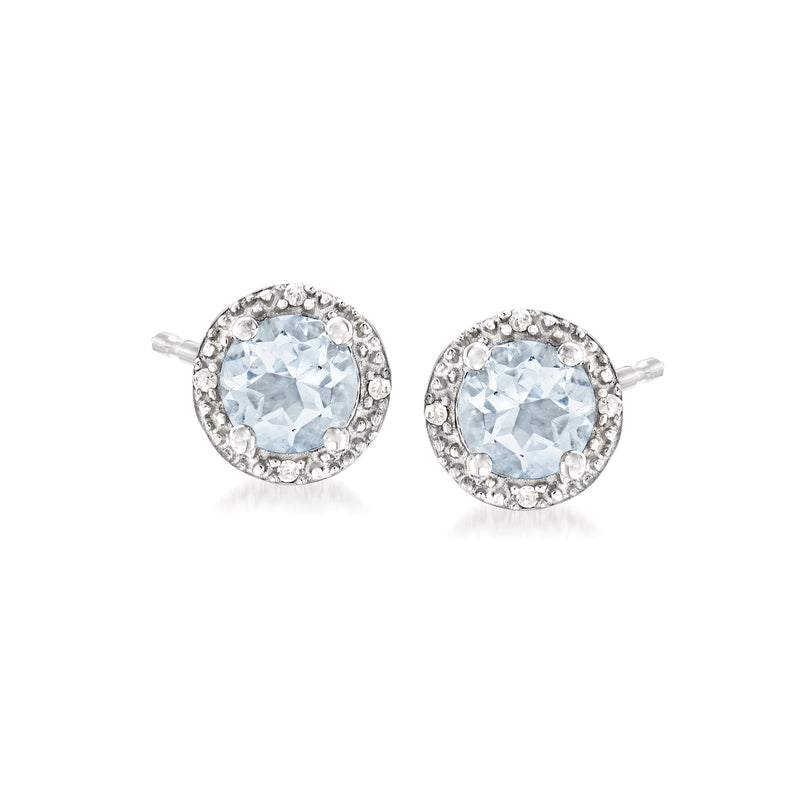 Sterling silver aquamarine stud earrings with diamond halo, round center stone