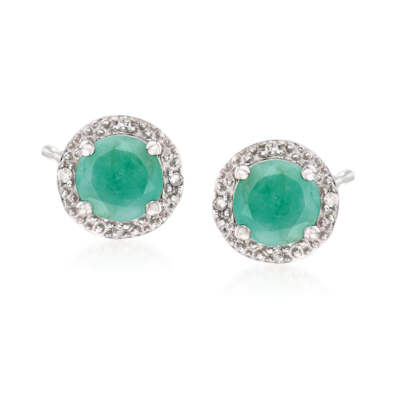 Round emerald stud earrings, sterling silver with green center and white stone halo