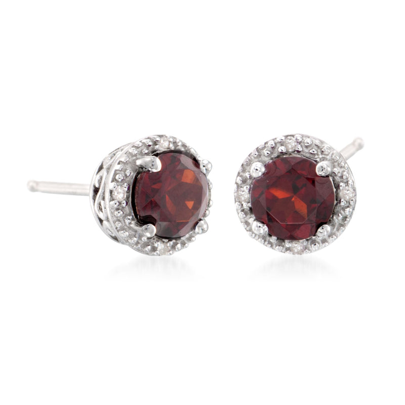 Round red garnet stud earrings with diamond halo, sterling silver post backs