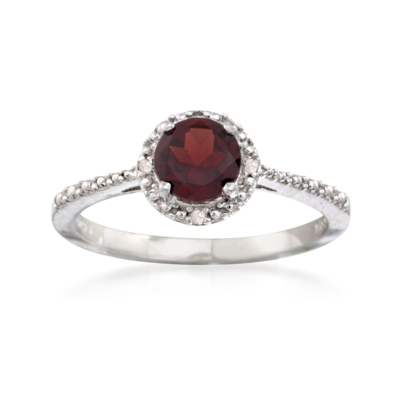 Round garnet ring with diamond halo and pavé band in sterling silver
