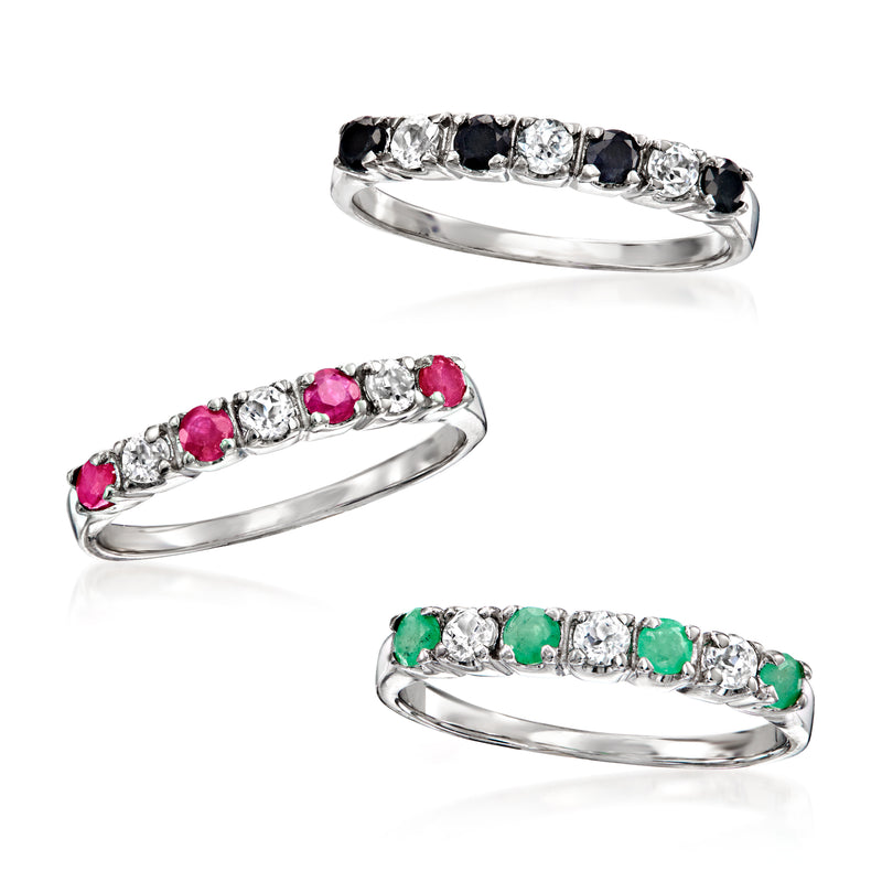 Three multi-gemstone sterling silver rings: black/clear, pink, and green