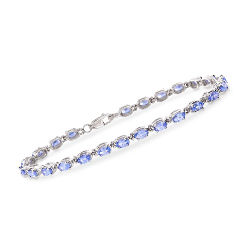 Sterling silver tanzanite tennis bracelet with oval blue gemstones, linked row design