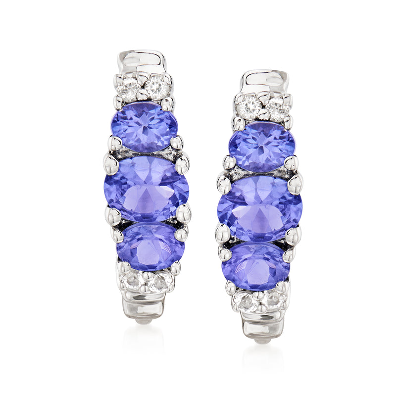 Sterling silver drop earrings with three oval blue gemstones and clear crystal accents