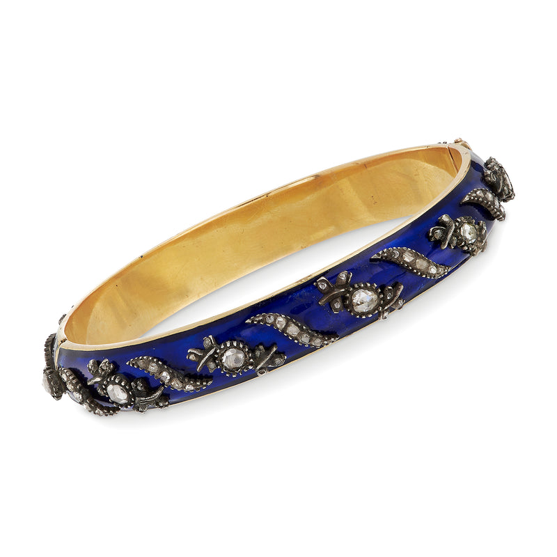 Vintage diamond bangle bracelet, blue enamel with silver-toned stone settings, yellow gold