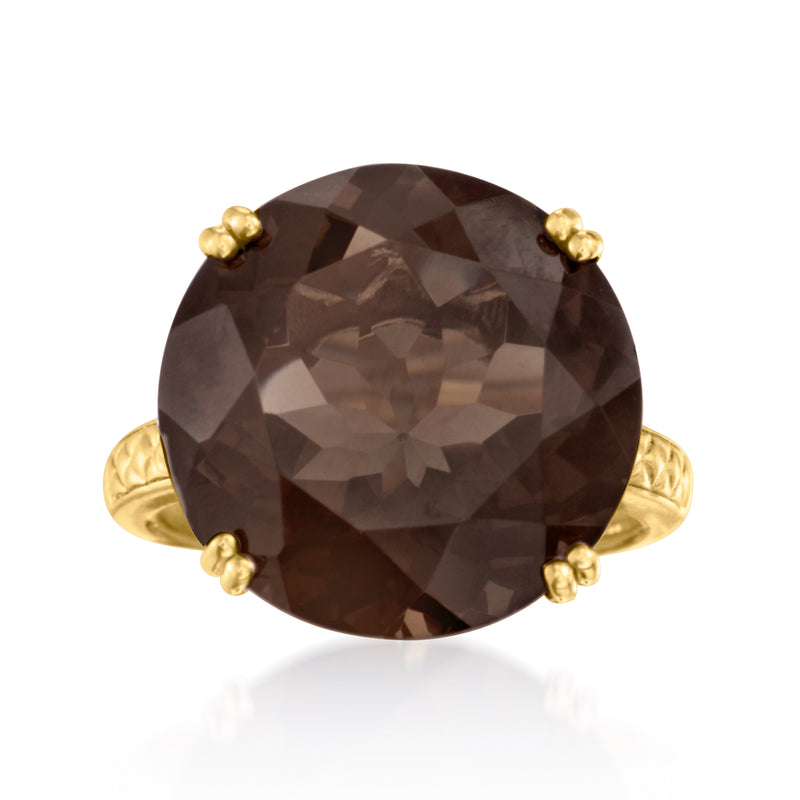 Smoky quartz oval ring with four gold prongs and 14kt gold over sterling band