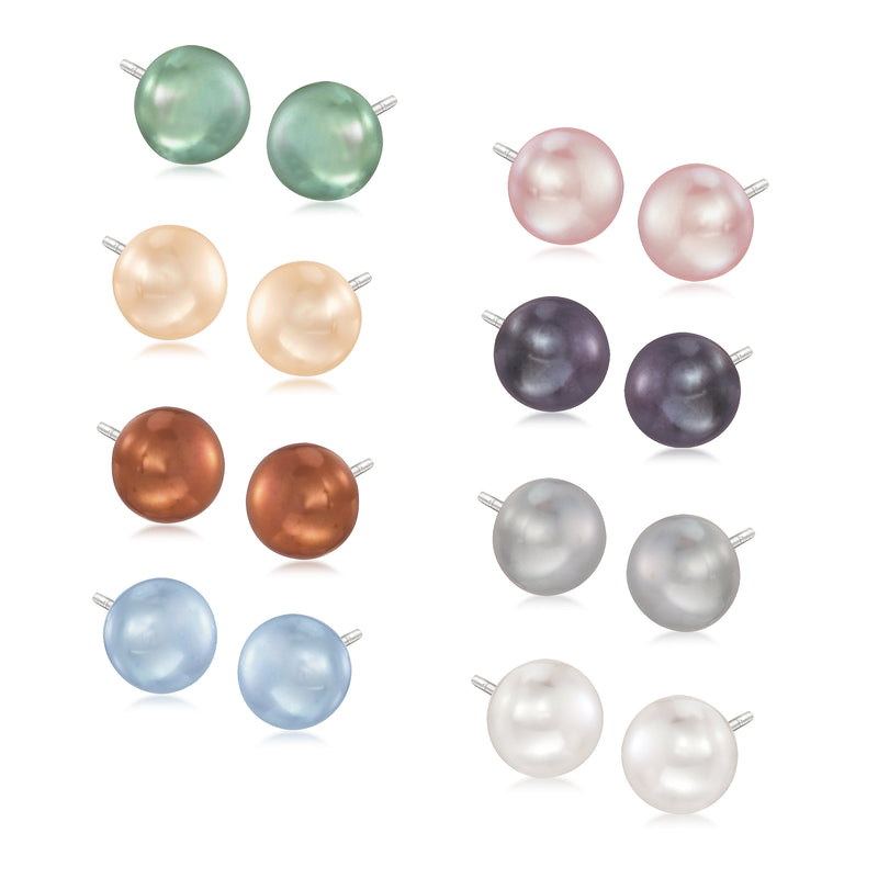 Cultured pearl stud earring set with multicolor pearls and sterling silver posts (8 pairs)