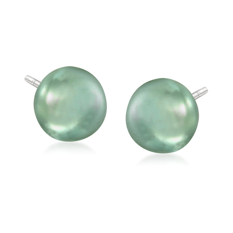 Cultured pearl stud earrings, green round pearls with sterling silver posts