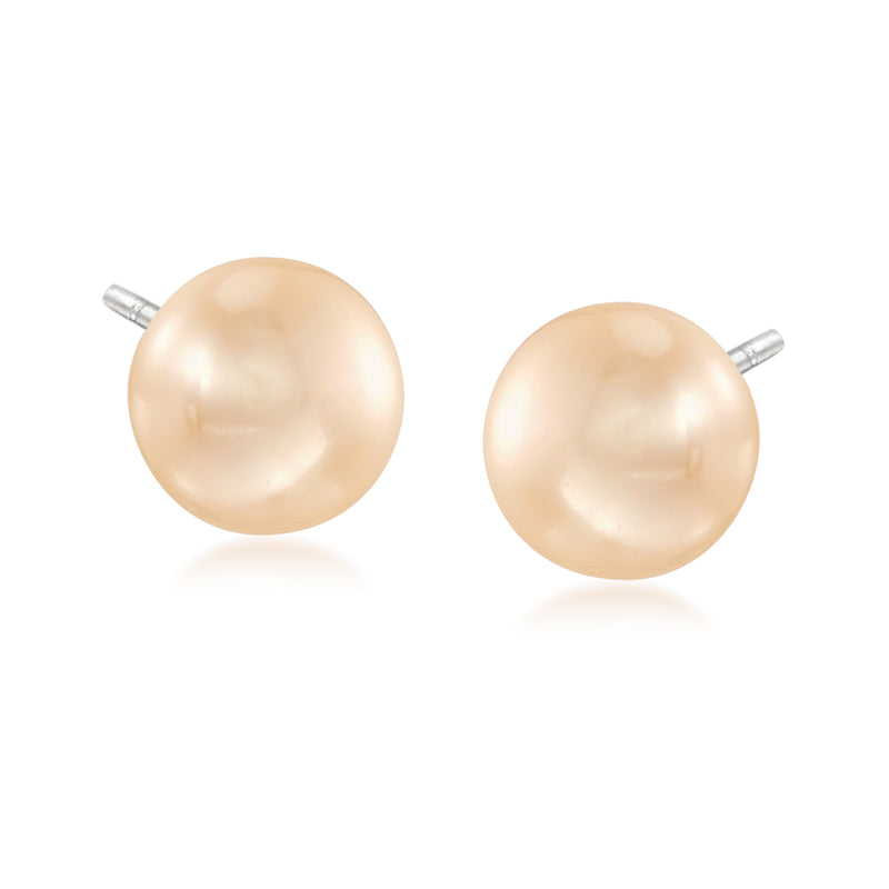 Cultured pearl stud earrings, peach round pearls with sterling silver posts