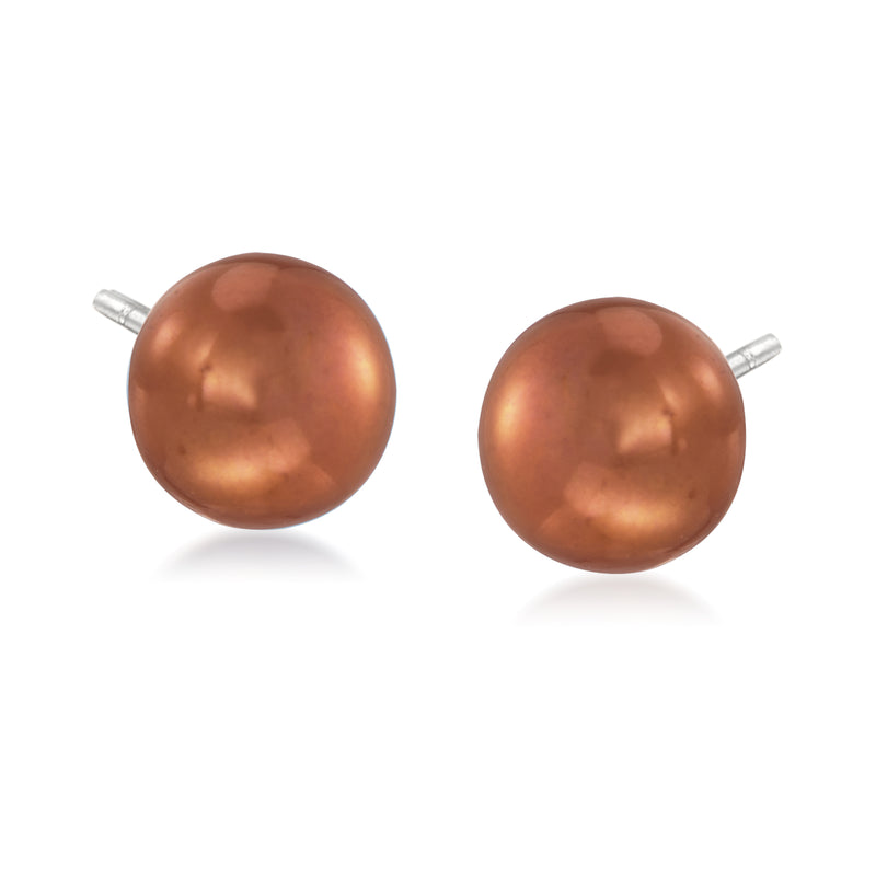 Cultured pearl stud earrings, brown round pearls with sterling silver posts