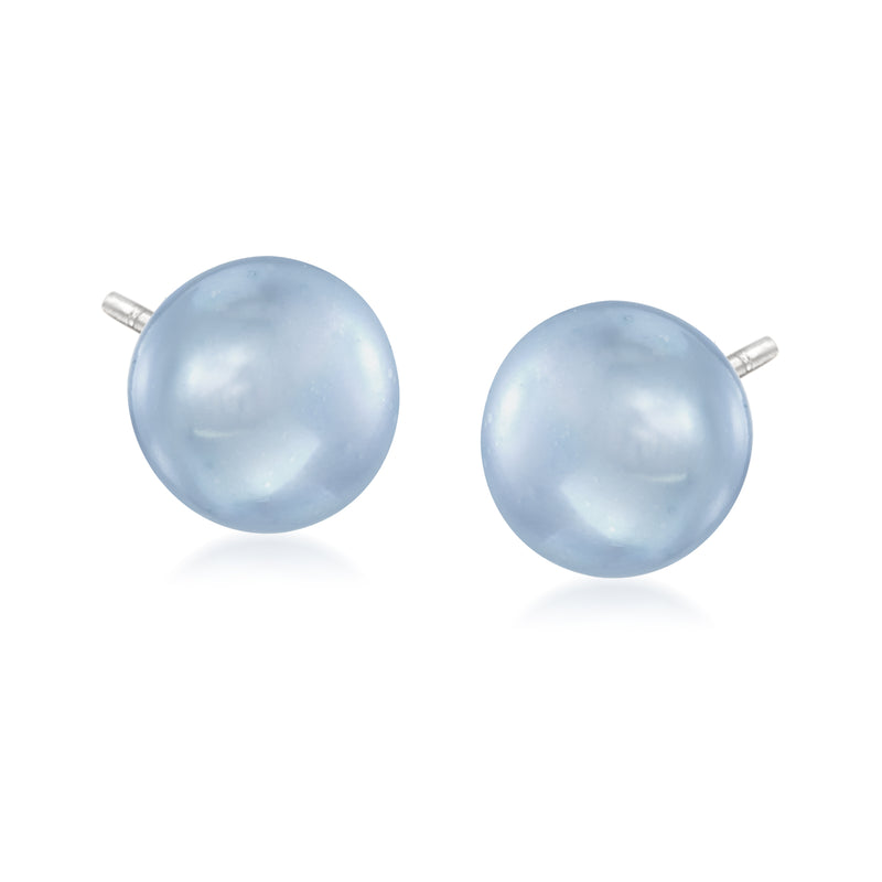 Cultured pearl stud earrings, light blue round pearls with sterling silver posts